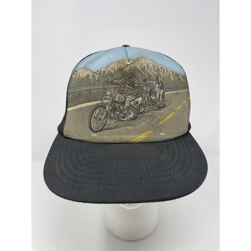 Vtg JJ Trucker Hat Mesh Back Motorcycles Mountains Padded‎ Cap Hat, Dated 1984
